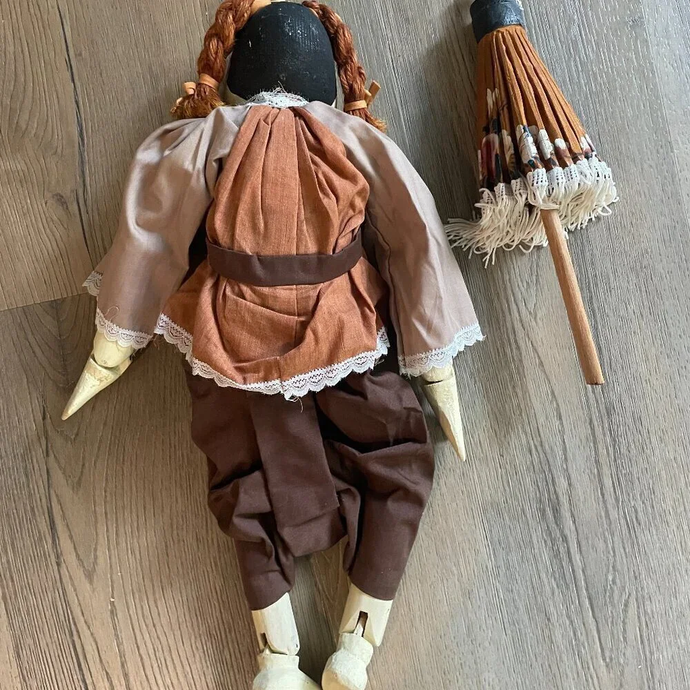 Hand Painted Wooden & Plush Asian Collectible Doll with Umbrella 18